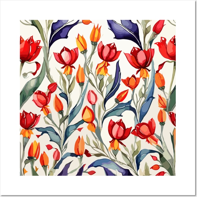 Red Orange Turkish Tulips Ottoman Pattern Wall Art by Siha Arts